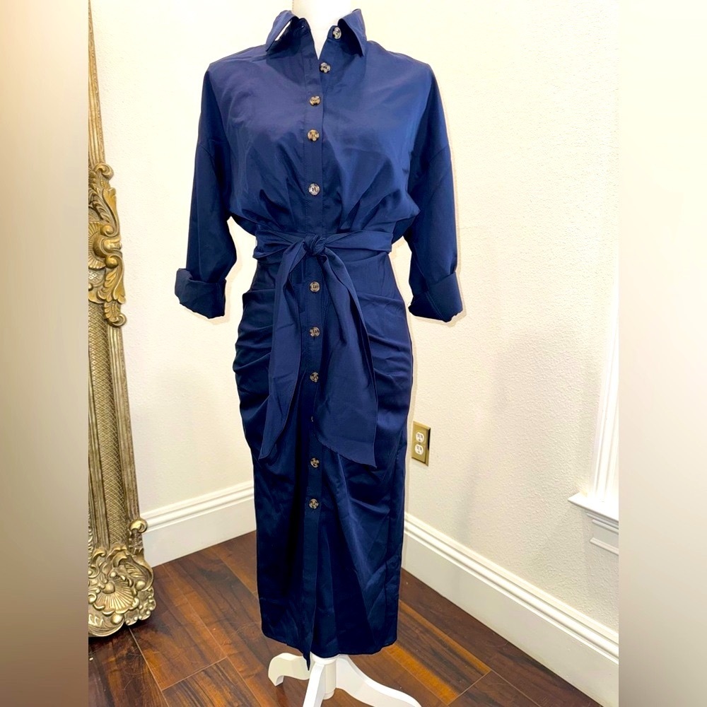 ANTONIO MELANI Blue Long Sleeve Notched Collar Shirt Dress